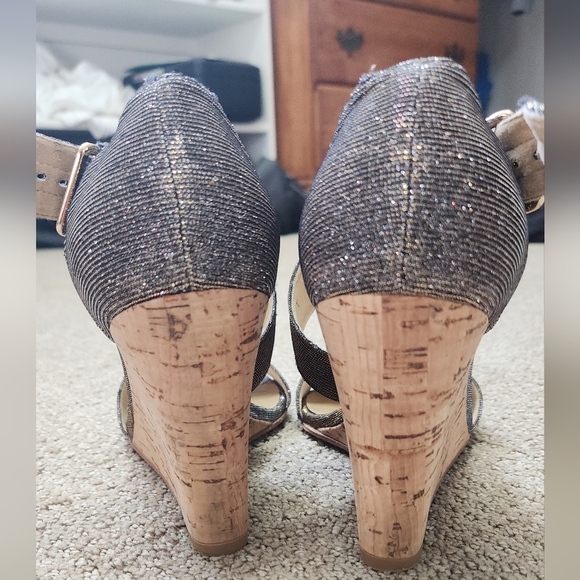 Stuart Weitzman Lineone Pyrite Nocturne Wedge Sandals 7 Glitter Sparkle Cork - Picture 9 of 9